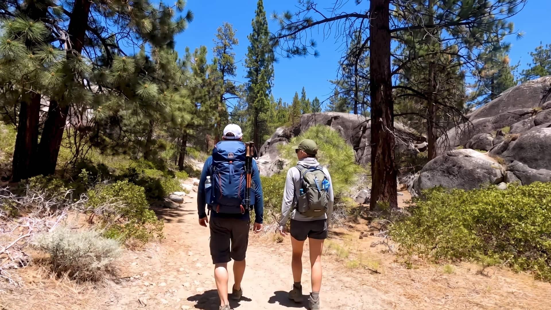 Two Hikers on Forest Trail Near Mono Hot Springs