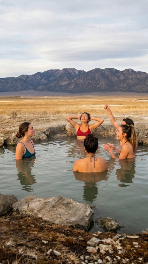 Group of friends relaxing in the Wild Willy's Hot Springs pool with open mountain views near Mammoth Lakes